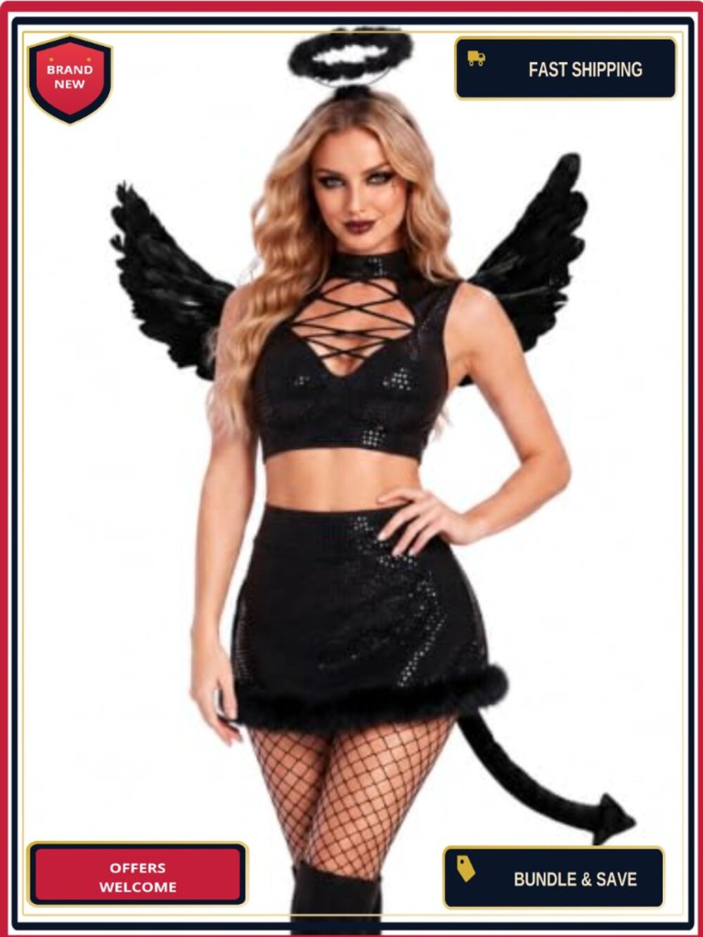 5 PCS Womens Fallen Angel Costume Set Sequin Crop Top Faux Fur Skirt Halloween